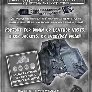 Puede incluir: Imagen de un chaleco de cuero negro con detalles de cadena y un diagrama de botones y broches de mezclilla. El texto dice "Leather Vest Extenders DIY Pattern and Instructions". La imagen también incluye el texto "Includes patterns for both denim buttons and snaps!!"
