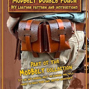 Puede incluir: Una bolsa doble de cuero marrón, parte de la colección ModBelt. La bolsa tiene dos compartimentos con cierre de solapa y está diseñada para colocarse en un cinturón. La imagen incluye el texto "DIY Leather Pattern and Instructions".