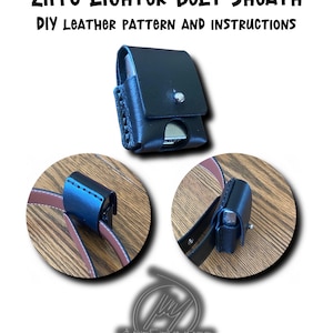 May include: A black leather belt sheath for a Zippo lighter. The sheath has a snap closure and is designed to be worn on a belt. The image shows the sheath on a belt, as well as a close-up of the sheath itself. DIY Leather Pattern and Instructions. www.YouTube.com/@Myartstylings www.Instagram.com/Myartstylings