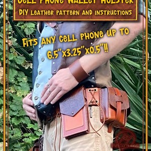 May include: A brown leather cell phone wallet holster with multiple compartments. The text on the image reads "Cell Phone Wallet Holster" and "Fits any cell phone up to 6.5"x3.25"x0.5"!!". The holster is worn on the waist.