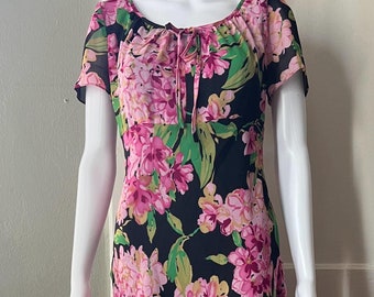 VTG 90s/Y2K Lemmie NY Chiffon Milkmaid Babydoll Dress | Black Floral | Size 8 / Medium