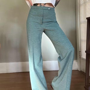 Vintage 70s Heathered Blue High Waist Bell Bottom Wide Leg Trousers | Size 28&quot; Medium