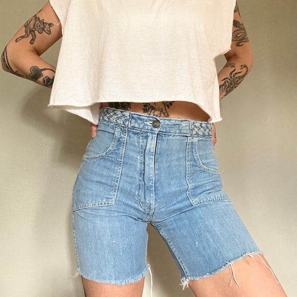 Vintage 1970s Faded Glory Denim Cutoff High Waist Shorts with Braided Waistband | 25" Waist