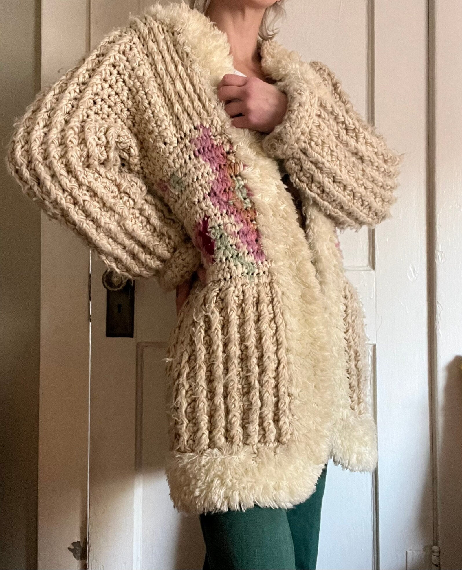 Vintage 70s Answers by Riddles Chunky Knit Fur Trim Long Cardigan / Sweater