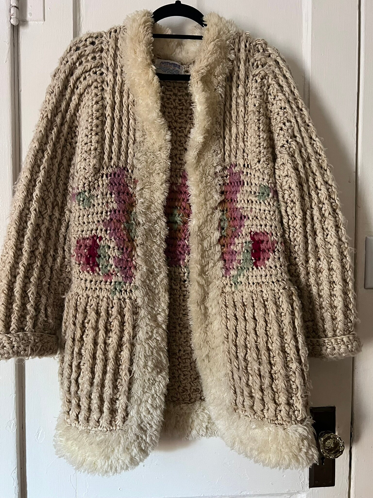 Vintage 70s Answers by Riddles Chunky Knit Fur Trim Long Cardigan ...