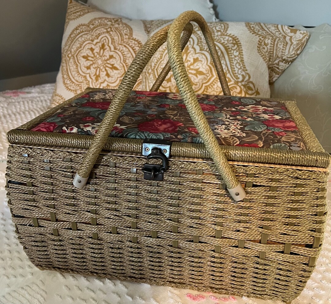 Vintage Wicker Seeing Basket With Tray and Handles Etsy