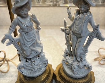 Vintage Pair Porcelain Victorian Figural Lamps