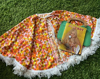 60s/70s Groovy Terry Beach Cover-Up with Fringe | Patterned Vintage Poncho Cape