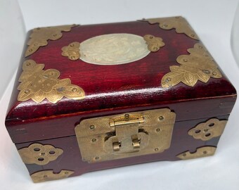 Vintage Asian rosewood jewelry box with jade inlay and brass accents
