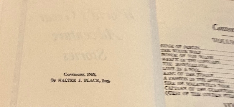 May include: A page from a book with the text "Copyright, 1928, Dr WALTER I. BLACK, Inc." at the bottom of the page. The right side of the page lists the titles of the stories in the book: "Stage of Berk", "The White Wolf", "Honor of His Fellow", "Wreck of the Copslands", "The Magnificent", "Love is a Pool", "King in a Jungle", "A Passion in the Jungle", "She Be My Heart's Desire", "Capture of the Curse", "Quest of the Golden Heart".
