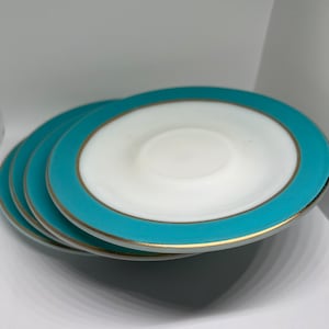 Vintage Mid Century Pyrex Milk glass 6.25” plates - set of 4 white blue gold