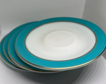 Vintage Mid Century Pyrex Milk glass 6.25” plates - set of 4 white blue gold