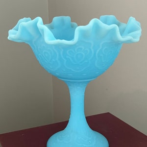 Vintage Fenton Satin Glass Ruffled Persian Medallian Pedestal Dish