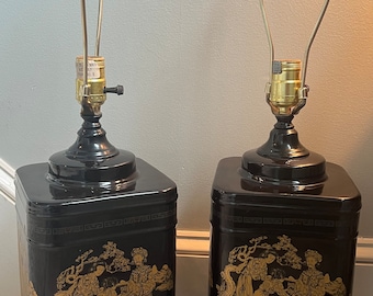 RARE Pair Mid Century Ceramic Asian Black and Gold Table Lamps