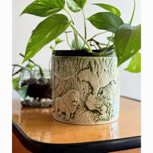 Vintage 1975 Duncan Ceramic Green Embossed Jungle Animal Planter Pot