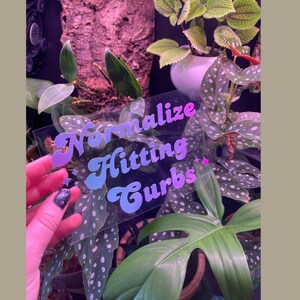 May include: A clear sticker with a holographic gradient design that reads "Normalize Hitting Curbs" in a retro font.