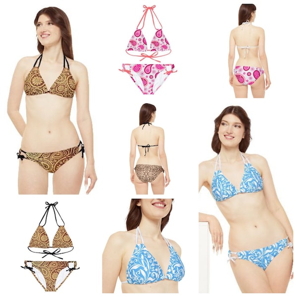 Glamorous Paisley Paradise: Gold, Light Blue, and Pink Bikini Collection"