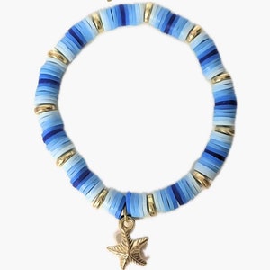 Beachy Blue Starfish Charm Clay Bead Bracelet with Gold Accents