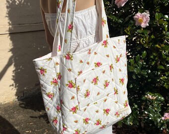 Handmade Quilted Tote Bag - Floral, Print Shoulder Bag, Cute Gift