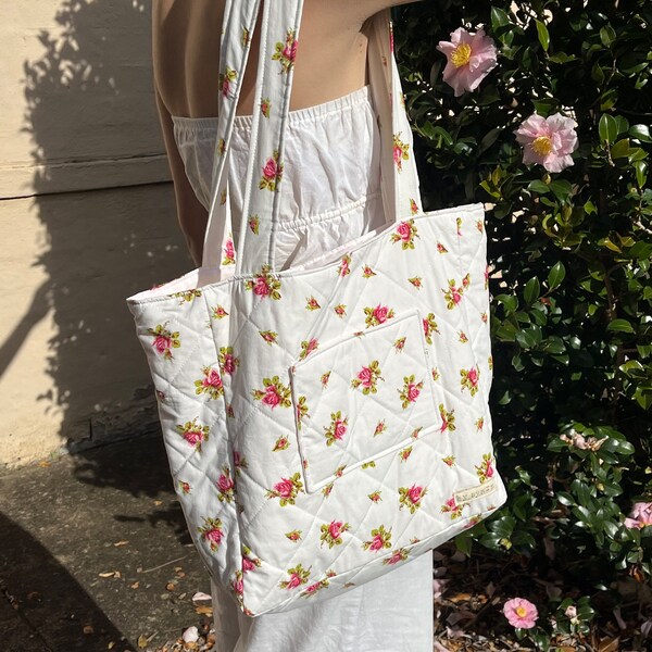 Handmade Quilted Tote Bag - Floral, Print Shoulder Bag, Cute Gift