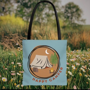 Happy Camper Tote Bag, Retro Camper Tote, Cotton Canvas Tote
