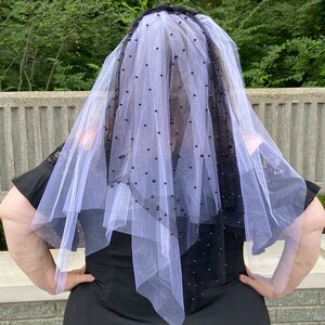 Black and white veil, tall braided band and a white tulle train overlaid with black beaded tulle, party, holidays, special nights, weddings