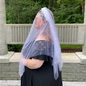 White pearl wedding veil and train with tall padded headband, performer, party, holidays, special nights
