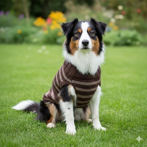 Peut inclure: Un chien de berger australien tricolore portant un pull rayé marron et beige, assis sur de l'herbe verte. Le chien a une poitrine et un visage blancs, avec des marques noires et marron. Le fond présente un jardin flou.