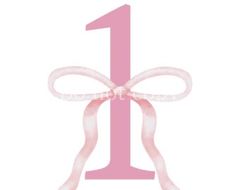 First birthday One Number Bow Pink Coquette Watercolor PNG Digital File Trendy Design Ribbon
