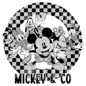 May include: Black and white illustration of Mickey Mouse and his friends, including Pluto, Goofy, Minnie Mouse and Donald Duck. The characters are arranged in a circle on a checkered background. The text "Mickey & Co" is below the characters.