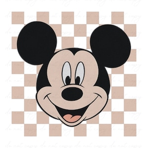 Puede incluir: Una ilustración de dibujos animados de la cara de Mickey Mouse con orejas negras y una gran sonrisa. El fondo es un patrón de cuadros de cuadrados blancos y marrón claro.