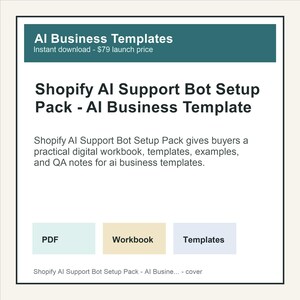 Puede incluir: Una portada de producto digital titulada AI Business Templates y Shopify AI Support Bot Setup Pack - AI Business Template. Incluye una descripción de un libro de trabajo digital práctico, plantillas, ejemplos y notas de QA, con etiquetas de PDF, Workbook y Templates.