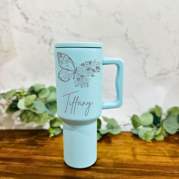 Butterfly 40 oz Tumbler, Tumbler with Butterfly on it, Tumbler with Straw and Handle, Laser Engraved Cup, Personalized Gift for Girls