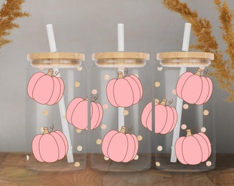 Pink Pumpkin Glass Can Cup, Iced Coffee Glass for Fall, Chic Fall Mug, Gift for Teenage Girls, Fall Chic Cup, Iced Coffee Cup for Fall