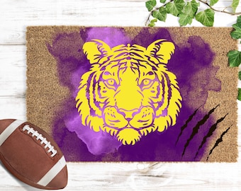 Geaux Tigers doormat, Purple and Yellow decor, Geaux Tigers, Decor for Tiger fan, College football doormat, Football decor,