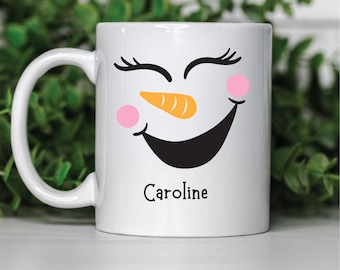 Custom Snowman Mug - Personalized Hot Chocolate Mug for Kids - Cute Holiday Mug - Custom Camper Mug for Friend - White Cocoa Mug, Winter Mug