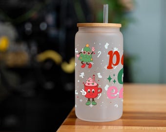 16oz Christmas Glass Can Cup with Lid and Straw, Christmas Cups, Peace on Earth, Iced Coffee Glass,Holiday Glass, Christmas Glass Can