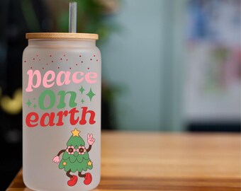Christmas Tumblers, Retro Christmas, Retro Christmas Gift, Peace on Earth, Iced Coffee Glasses, Gift for Teacher, Gift for Teens, Girls Gift