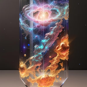 May include: A glass cylinder containing a swirling nebula of gold, blue, and pink liquid. The nebula is surrounded by a dark background with stars. The cylinder is sitting on a black base with a gold trim.