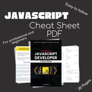 May include: A black and yellow cheat sheet guide for JavaScript developers. The cover features the text "A Guide For JavaScript Developer Cheat Sheet" with a stylized JS logo. The guide includes sections on loops, key features, and other JavaScript concepts.