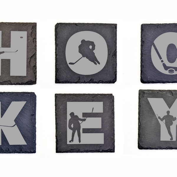 Coaster Set, Hockey Letters Graphically designed, Each of the six letters on it's own coaster.  (H, O, C, K, E, Y)  6 coasters in the set.