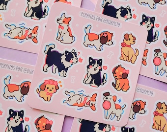 May include: Pink sticker sheets with cartoon dog illustrations in various poses and colours. The stickers include text that reads "PERRITOS POR @BURASTO". The dogs have different markings and accessories.