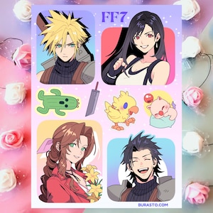 May include: A sticker sheet featuring Final Fantasy 7 characters including Cloud Strife, Tifa Lockhart, Aerith Gainsborough, and Zack Fair, alongside a Cactuar, a Buster Sword, a Chocobo, and a Moogle, with the text FF7 and BURASTO.COM.