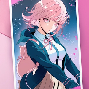 Op de afbeelding: Anime-stijl illustratie van een personage met roze haar en ogen, gekleed in een blauwe jas over een wit overhemd en een geplooide rok. De achtergrond is een verloop van blauw en wit met roze accenten.