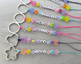 Smiley face, flower, name personalised keychain. Backpack charm. Birthdaybag gifts . Teachers back to schoolgift . Teachers gift to children