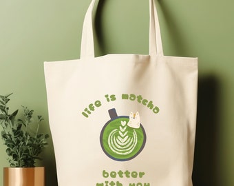 Japanese Matcha Tote Bag Green Tea Graphic Matcha Kawaii Anime Tote Matcha Latte Lover Coffee Lover Gift for Kids Valentine's Tote Bag Green