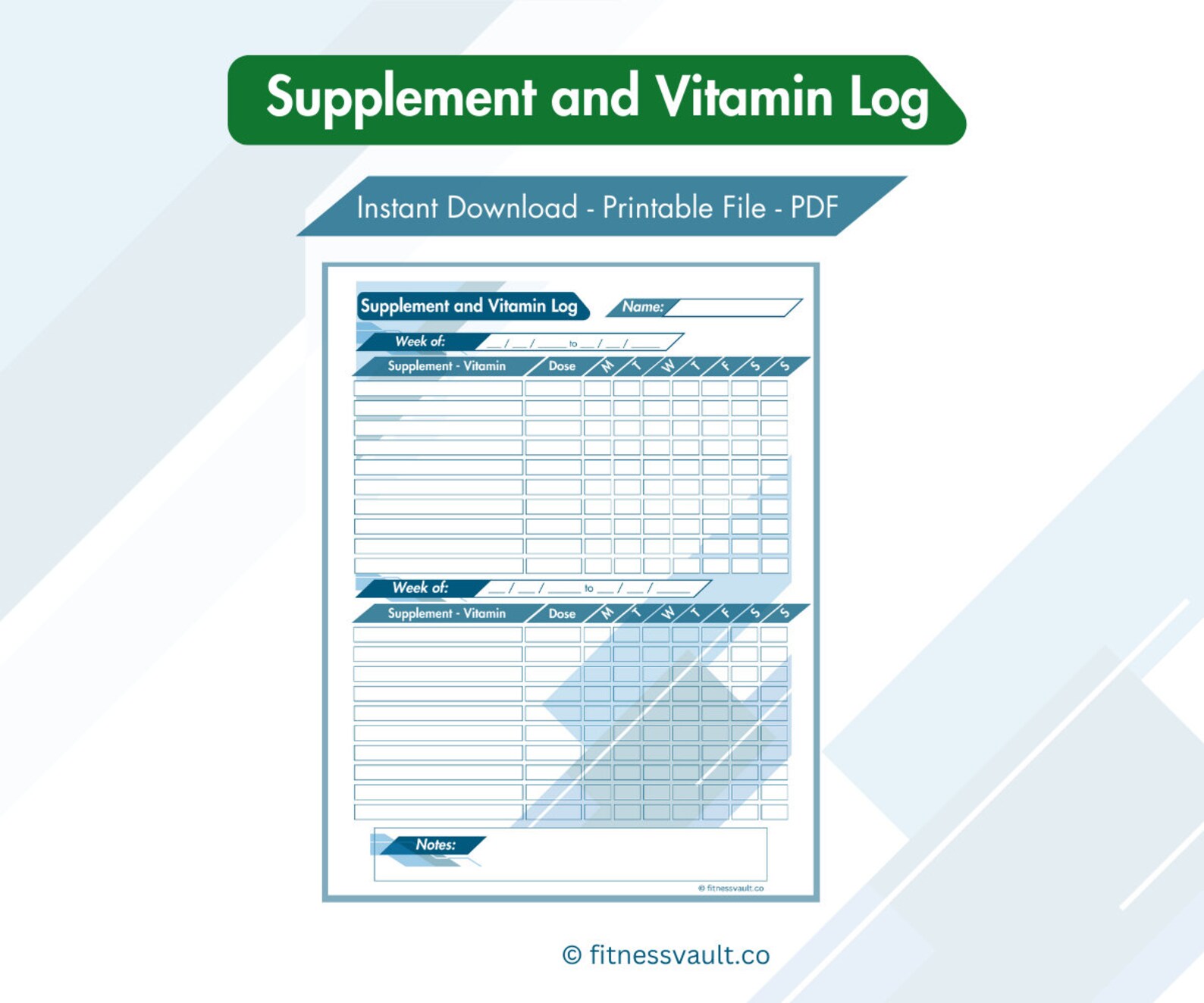 Weekly Supplement and Vitamin Log Tracker Printable Supplement