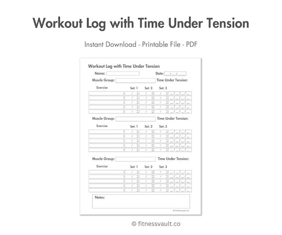 Workout Log With Time Under Tension Printable Minimalist Template
