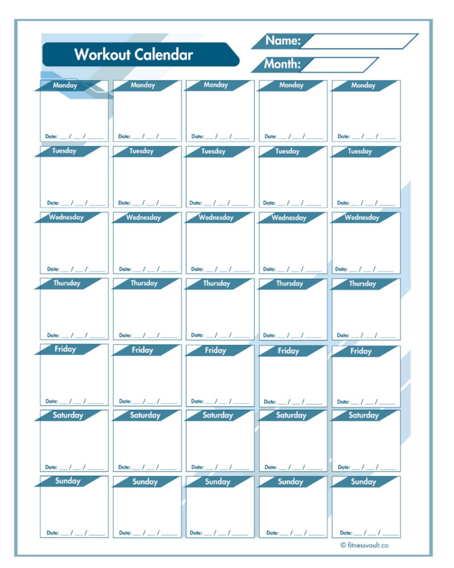 Monthly Workout Calendar Printable Fitness Planner Exercise Planner
