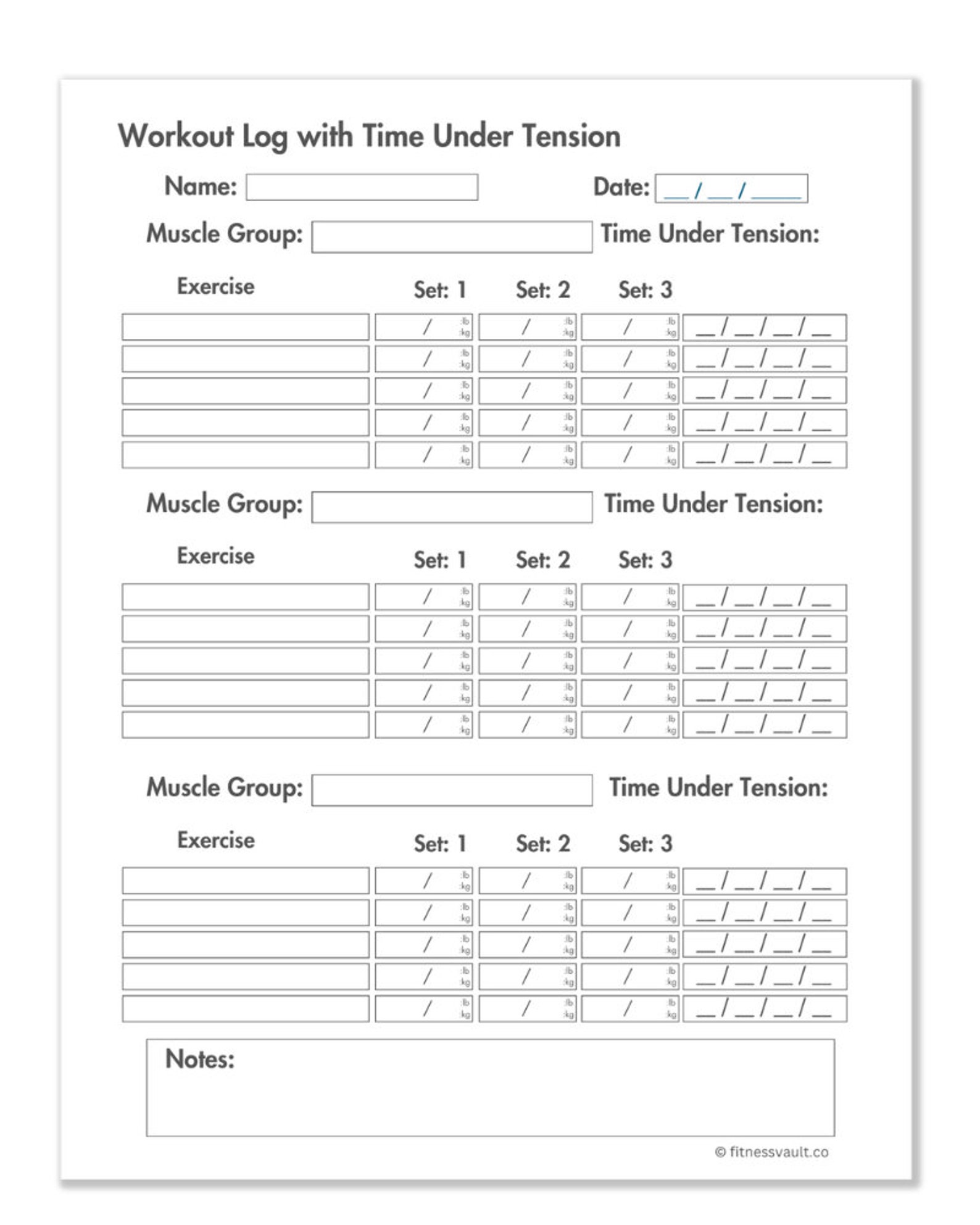 Workout Log With Time Under Tension Printable Simple Template Exercise ...